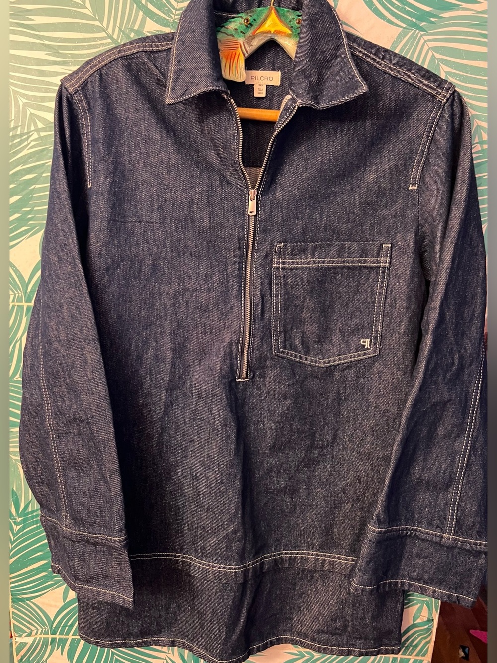 Pilcro Anthropologie Indigo 1/2 zip dark denim pullover mini dress sz XXS